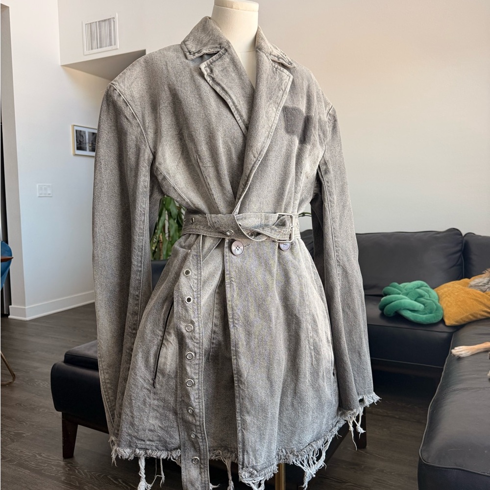 Washed Gray Distressed Maxi Denim Dress with Belt
